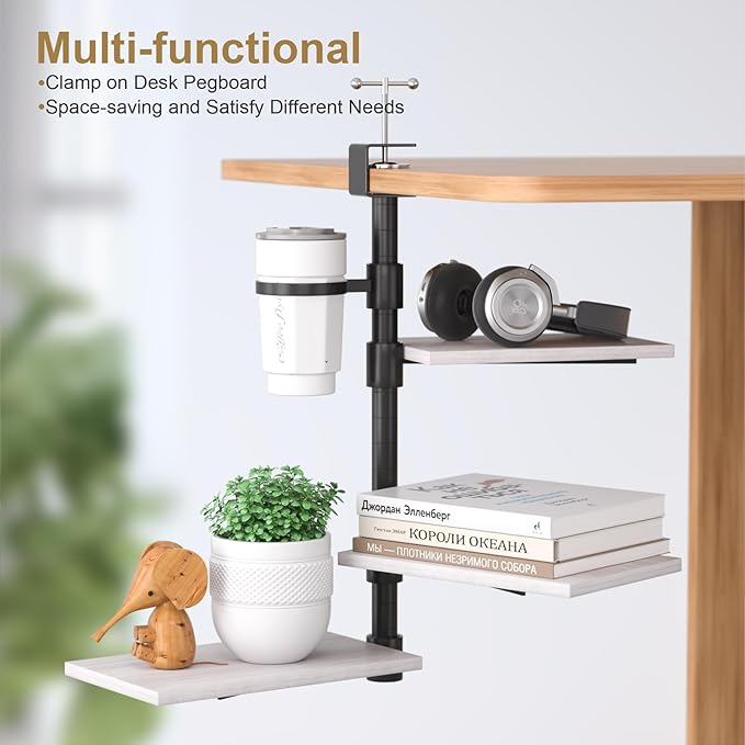 3-Tier Clamp On Desk Shelf with Cup Holder, Rotatable Height Adjustable Over or Under Desk Storage Shelves, Heavy Duty Desktop Organizer for Office Dorm Room Gaming Kitchen