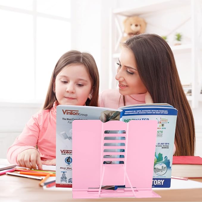 Honagu Book Stand Metal Desk Book Holder, Book Holders for Reading Hands Free, Adjustable Cookbook Documents Holder, Portable Bookstand for Music Books, Textbook, Recipe, Tablet, Ipad (Light Pink)
