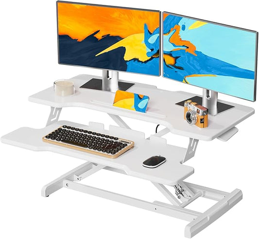 Standing Desk Converter 32 inch, Height Adjustable Sit Stand Desk Riser, Quick Sit to Stand Tabletop Dual Monitor Riser Workstation for Home Office with Keyboard Tray, White