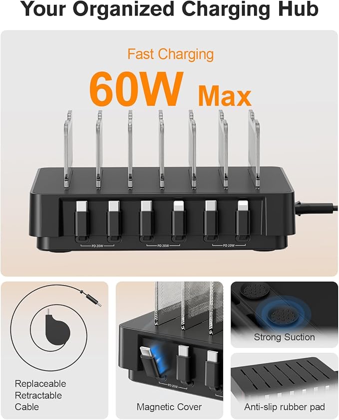SooPii HomeHub H1 Charging Station for multiple devices,Upgraded 6-Port Desktop Fast Charger with 6 Retractable Cablesï¼?*C+2*iPï¼?60W PD charger station for iPhone/Tablet,Tangle-Free Charging Organizer