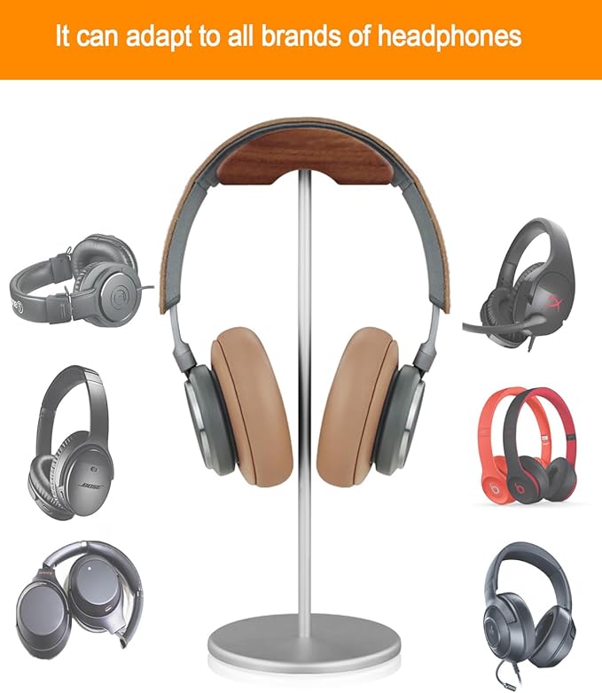 Headphone Stand, Aluminum and Wood Headphone Holder for Over Ear & On Ear Headsets – Heavy Duty Base Gaming Headset Stand with Non-Slip Pad, Desk Organizer for Home Office Studio Use (Silver)