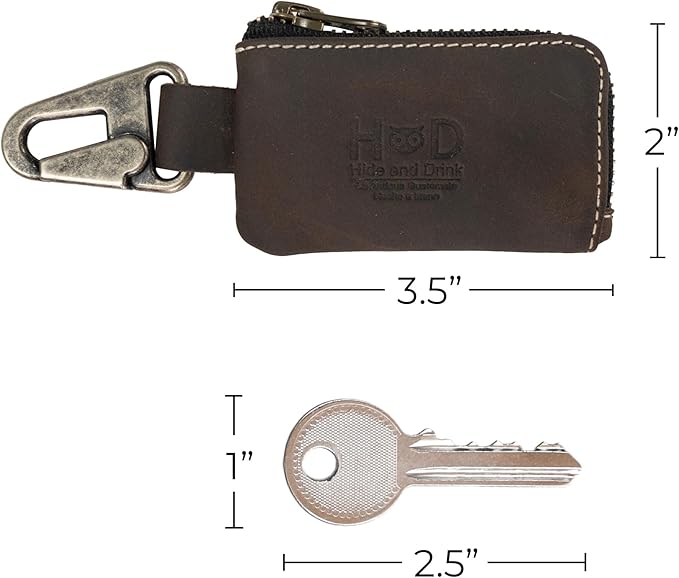 Hide & Drink, Car Key Holder Handmade from Full Grain Leather, Headphone & Charging Cables, Cash Zipper Case with Clasp (Bourbon Brown/White Stitching)