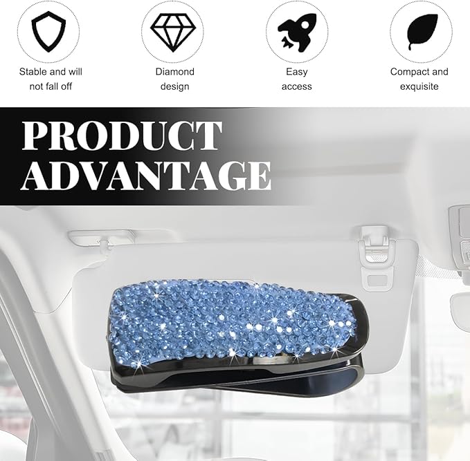 Wevdn 2 PCS Car Sun Visor Glasses Holder, Fashion Bling Car Eyeglasses Sunglasses Hanger for Women Girls, Glasses Holder Clip Hanger Mount with Ticket Card Clip, Car Accessories (Light Blue)