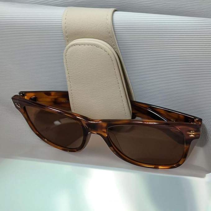 EldHus Sunglass Holder for Car Visor - 2 Pack Magnetic Car Glasses Holder Clip, Leather Eyeglass Holder for Car, Universal Vehicle Sunglasses Hanger Eyeglasses Mount, Beige