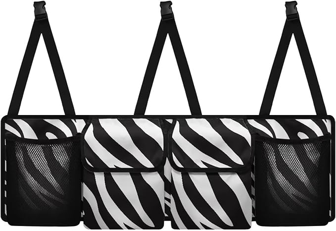 Zebra Print Car Trunk Organizer Hanging Car Backseat Storage Bag Waterproof Collapsible Cargo Bag with 4 Pouches Trunk Storage and Decorative Accessories