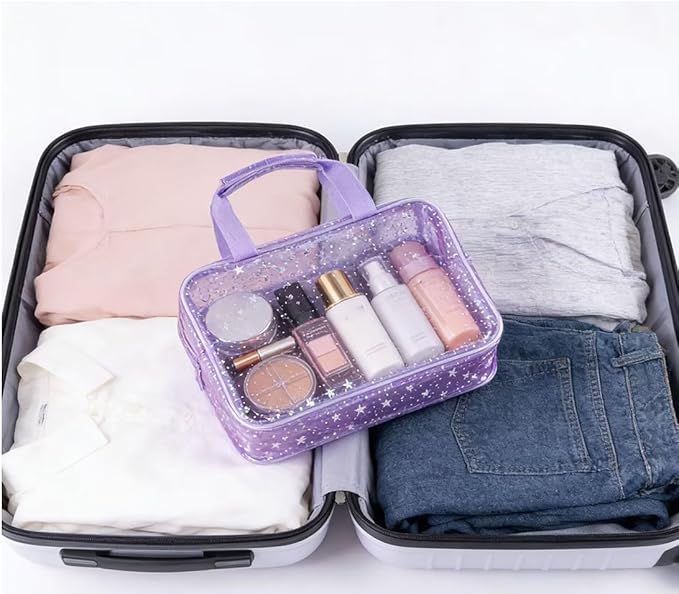 SxoSyo Clear Makeup Bags Large Toiletry Bag for Women Transparent Cosmetic Bag with Handle Travel Essential Bathroom Organizer (Pink Star)