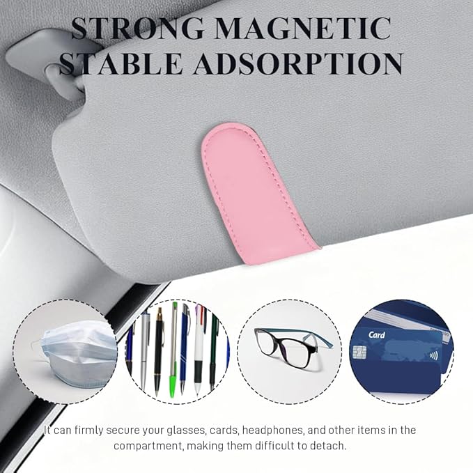 Magnetic Sunglass Holder for Car Visor, Sunglasses Visor Clip, Magnetic Leather Vehicle Glasses Ticket Card Clip, Automotive Eyeglass Hanger Organizer Accessories for Most Vehicles (Pink)