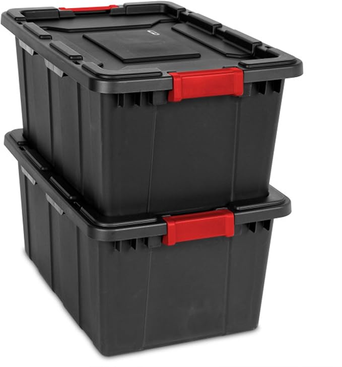 Sterilite 4-Pack Industrial Tote, Plastic Storage Bins with Lids, 27 Gallon, Black - Heavy-Duty Organizing Containers for Closet, Bathroom, and Office