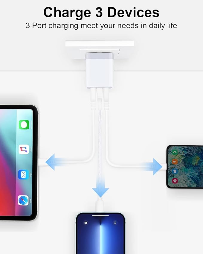 USB Charger Cube Wall Charger Plug AILKIN 3.1A 3 Muti Port USB Adapter Plug | USB Charging Station Box Base for iPhone 17 16 15 14 13 12 Pro Max Mini SE 11 Pro Max Samsung Phones Charging Block