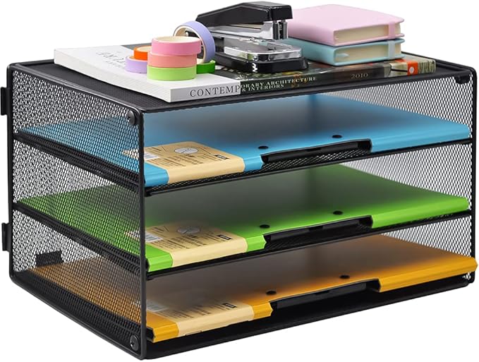 COSYAWN 3 Tier Mesh Desk Paper Tray Organizer, File Organization for Letter Document, Desktop Mail Storage Holder for Office Home School, Black