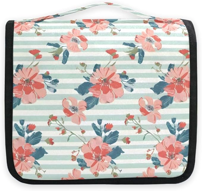Hanging Travel Toiletry Bag Floral on Striped Kit Makeup Case Cosmetics Organizer for Men Women