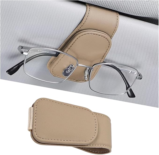 Sunglasses Holder for Car Visor, Microfiber Leather Magnetic Sun Visor Eyeglasses Hanger & Ticket Card Clip, Multi-Function Automotive Interior Glasses Mount, Universal Fit (Beige)