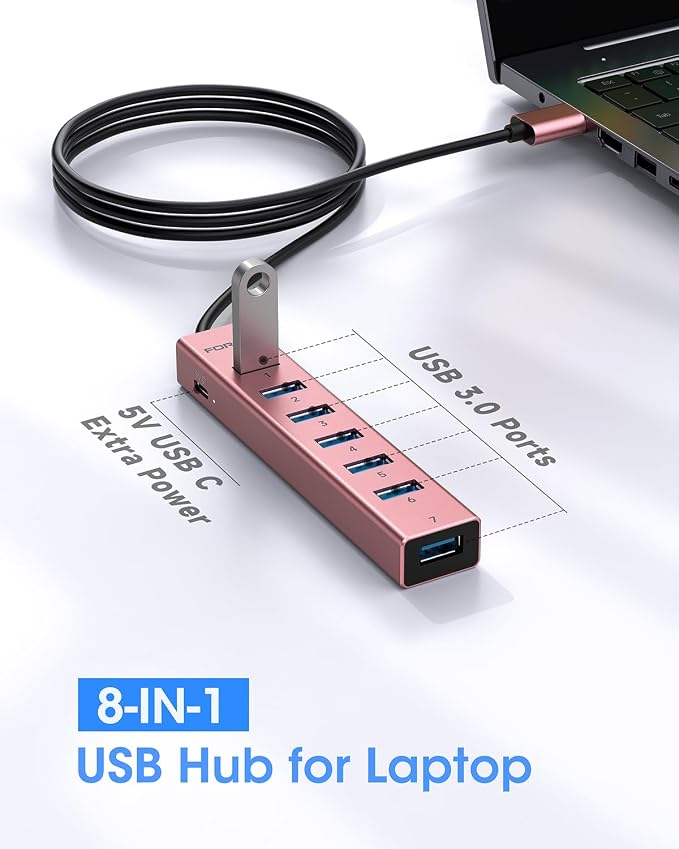 FORIDA USB Hub Long Cable 8 Ports Multiport Adapter with 7-Port USB 3.0 Data Ports, 5V/3A Type-C Power Port Splitter, USB Extender for Laptop PC and More (Rose Gold, USB A-47in)