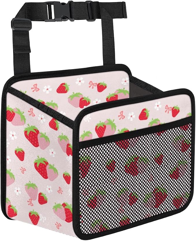 Cute Strawberry Print Car Organizer for Kids, Backseat Headrest Storage Bag, Adorable Cartoon Fruit Pattern, Foldable Waterproof PU Leather Organizer, Perfect for Mom and Baby