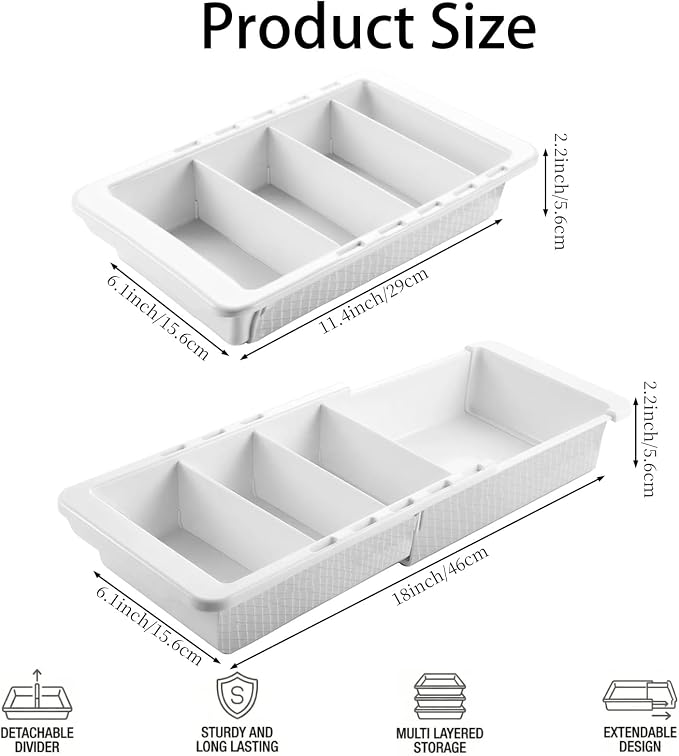 5 Pcs Expandable Drawer Organizer Bins, 11.4 to 18 Inches Plastic Dividers Storage, White Expandable Tray, Adjustable Deep Drawer Hanging Organizer for Kitchen Bathroom Bedroom Office Desk