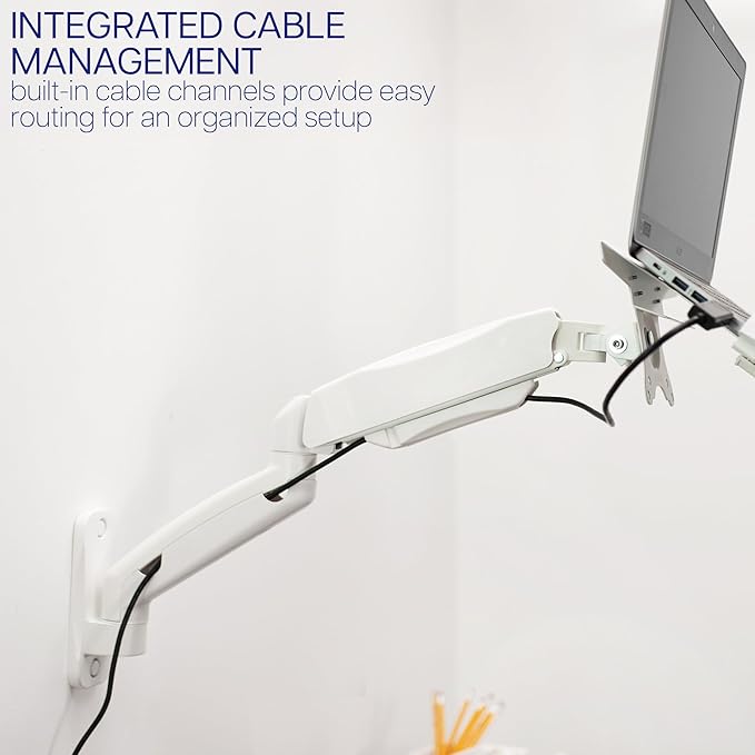 VIVO Height Adjustable Pneumatic Extended Arm Laptop Wall Mount, Full Motion Articulating Notebook Tray, Fits 10 to 15.6 inch Screen, White, MOUNT-V001GLW