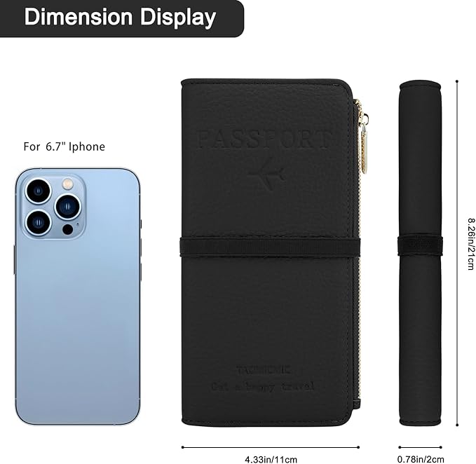 DOB SECHS Passport Holder for Travel Women Leather Passport Wallet RFID Blocking Passport Cover Case with Card Slots, Slim Travel Document Organizer Pouch Bag Zipper Cash Pocket Purse+ID Window, Black