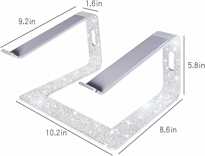 Bling Aluminum Laptop Stand,Glitter Ergonomicic Computer Stand for Desk with Sparkle Rhinestones,Detachable Notebook Riser Compatible with Air, Pro, Dell, HP, 10-15.6" Laptops (Silver)