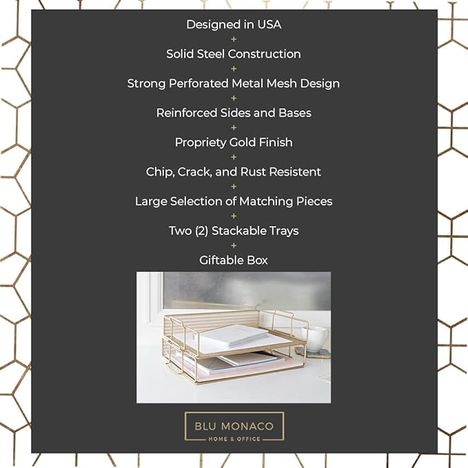 BLU MONACO | Paper Tray Stackable Gold Mesh Set of 2 | Stackable File Trays for Desk Organization | Tiered Desk Organizer with Metal Letter Trays