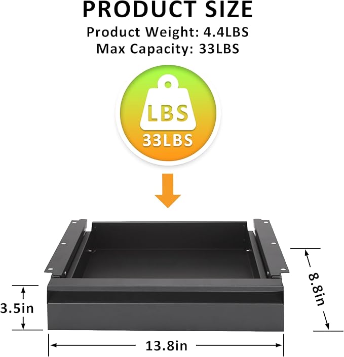 POPMOON 13.8 in Under Desk Drawer For Desk, Pull out Storage Organizer with Slide Extension Mounted Under Flat Wooden Table or Workbench, Carbon Steel Undermount Drawer,Black