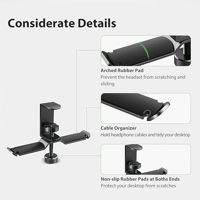 Dual Headphone Stand Hanger Under Desk, 360 Degree Rotating Aluminum Gaming Headset Holder with Adjustable Clamp, Universal Metal Earphone Hook Mount for All Headsets, Black