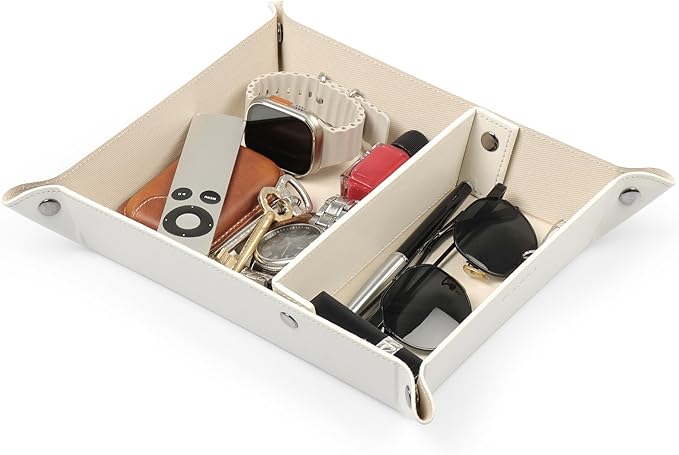 Londo Leather Tray Organizer - Practical Lightweight Water Resistant Computer Table Desk Storage Box for Wallets, Watches, Keys, Coins, Cell Phones and Office Equipment