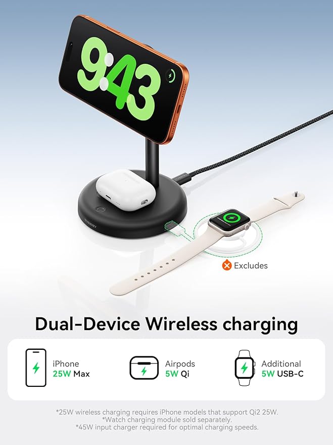 THREEKEY 25W Wireless Charger Stand: Qi2.2 Certified 2-in-1 Fast Charging Station for Apple with Cooling Fan - for iPhone 17/16/15/14/13/12 & AirPods Nightstand, Office, Desk (45W Adapter Included)