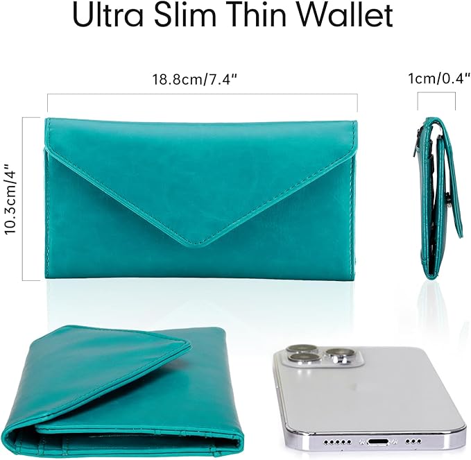 Card Wallet RFID Blocking Envelope Style Tri-fold Checkbook Clutch Slim Vegan Leather 2 ID Windows with Coin Pocket, Green