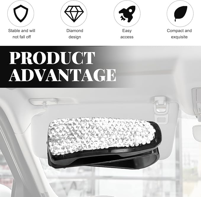 Wevdn 2 PCS Car Sun Visor Glasses Holder, Fashion Bling Car Eyeglasses Sunglasses Hanger for Women Girls, Glasses Holder Clip Hanger Mount with Ticket Card Clip, Car Accessories (White)