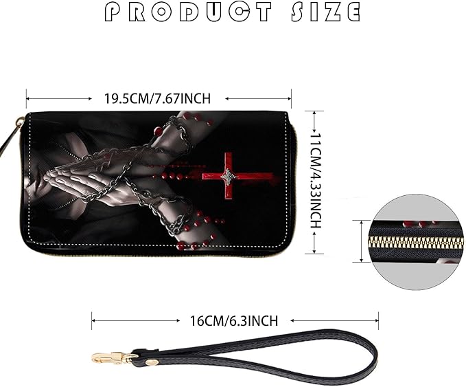 Women's RFID Blocking Zip Around Wallet with Detachable Wrist Strap, Large Capacity Credit Card Holder Organizer for Everyday Use,Hands Praying Holding Cross