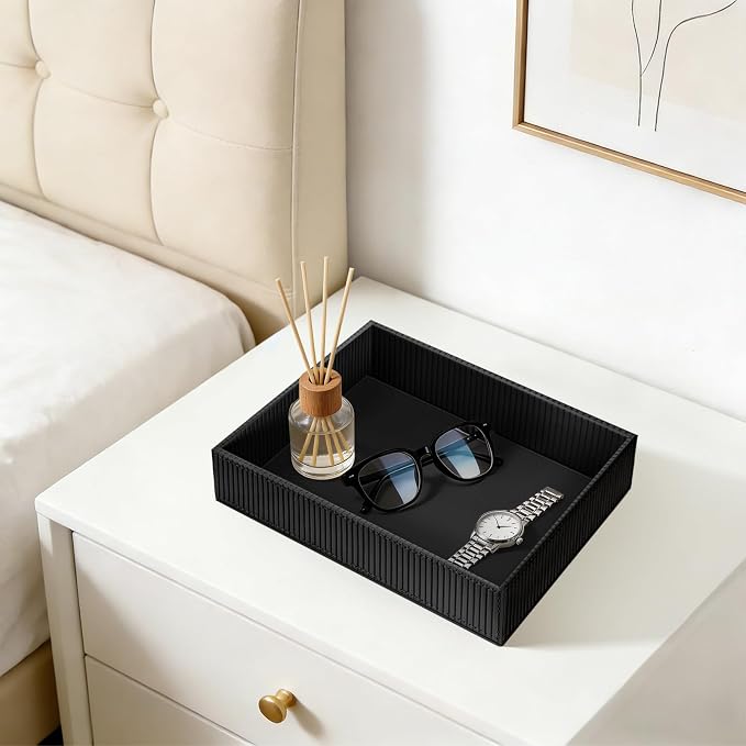 SITHON Valet Tray Desk Organizer, PU Leather Catchall Bedside Vanity Tray Nightstand Caddy Coin Box Key Jewelry Storage Organizer, Graduation Day Father's Gift, Stripe Black
