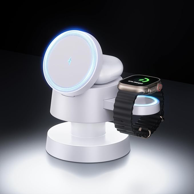 4 in 1 Magnetic Wireless Charging Station,15W Fast Charging with Night Light for MagSafe Charger Stand,3 in 1 Wireless Charger for iPhone 17/16/15/14/13 Pro Max,Apple Watch & AirPods,White
