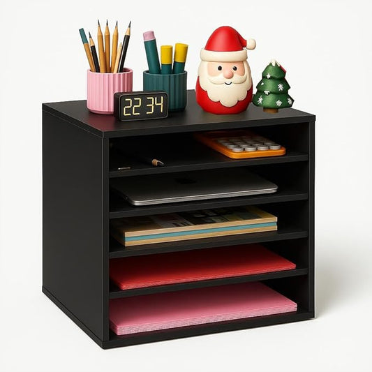 EMERIT 4-Tier Adjustable Paper Organizer, Large Capacity Book Shelf for Textbooks/Magazines/Office Files, Wooden Dividers, 7 lbs per Shelf, Black