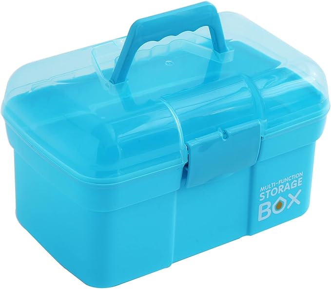 Kinsorcai 11'' Plastic Storage Box with Removable Tray, Multipurpose Organizer and Storage Case for Art Craft and Cosmetic (Blue)