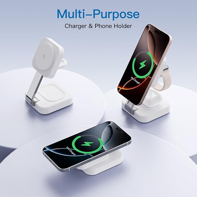RYND 2026 Traveling Wireless Mag-Safe Fast Charging Station,Magnetic 3 in 1 Charger with iPhone 17 16 15 14 13 12 Pro Max Plus,Apple Watch Series & Air pods 4 3 2 Pro-Gifts for Wife & Husband(White)