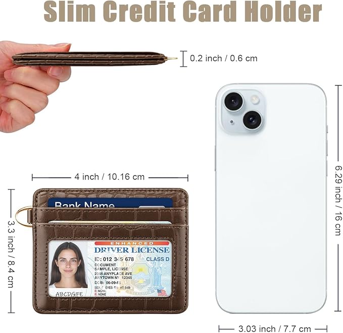 Slim Credit Card Holder Crocodile Wallet Women Thin Alligator Wallets RFID Blocking Minimalist Lightweight Small Cute Cards Holders with ID Window, Coffee