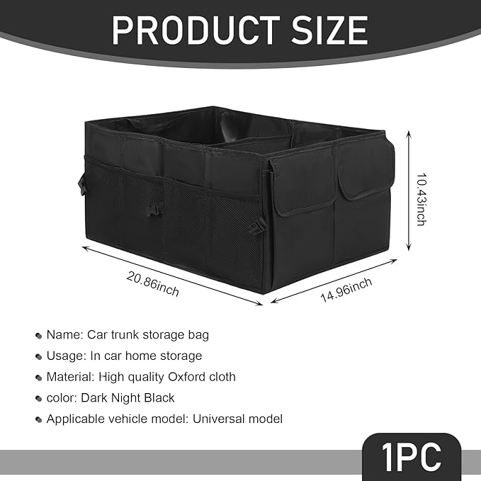 Car Trunk Organizer, Storage Organizer Large Capacity Design Waterproof 600D Vehicle Storage Box, Multifunctional Foldable Automotive Space Divider Accessories, Universal for Most Cars (Black)