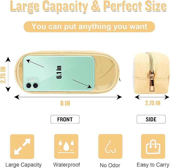 Nylon Small Clear Makeup Bag Slim Pencil Pouch, Cute Makeup Bag Preppy Cosmetic Zipper Pouch Pencil Case for Purse, Travel PVC Toiletry Bag Clutch Coin Pouch Makeup Brush Bag for Women Girls(Beige)