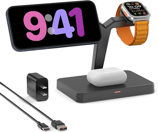 GEEKERA Magnetic 3 in 1 Wireless Charging Station, Fast Wireless Charger Stand Dock, Wireless Charger for iPhone 16/15/14/13/12 Pro Max, Apple Watch 10/9/8/7/6/SE/5/4/3/2, AirPods 4/3/2/Pro