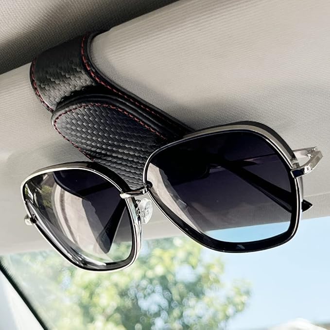 2Pcs Sunglass Holder for Car, Magnetic Leather Eyeglass Hanger Clip for Car Sun Visor, Sunglasses Holder and Ticket Card Clip for Car Visor Accessories (Carbon Fibre Black)
