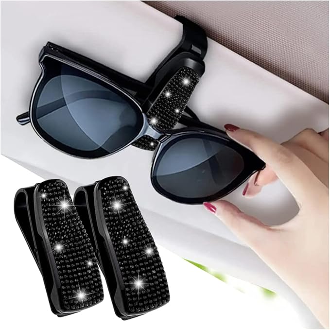 Set of 2 Bling Rhinestone Car Sun Visor Glasses Holders with Anti-Scratch Sponge,Car Decoration for Women Girls,Ticket Card Clip Visor Organizer,Universal Rhinestone Auto Accessories (Black-2pcs)
