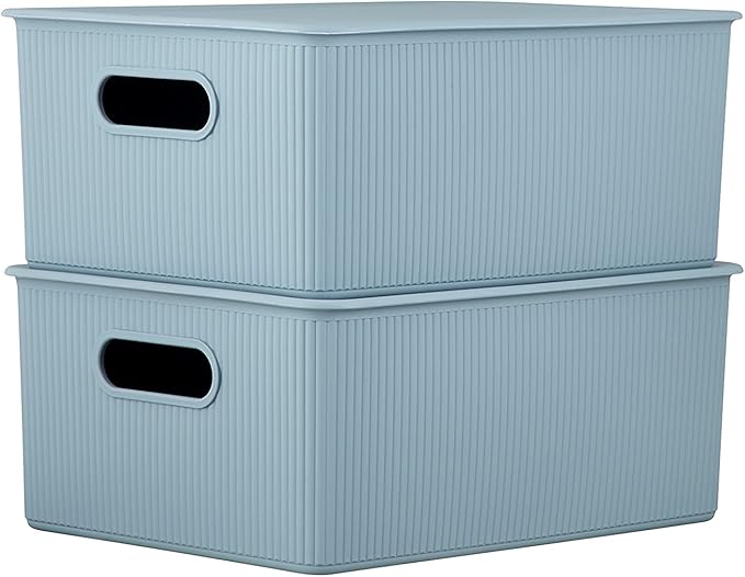 Superio Ribbed Collection - Decorative Plastic Basket Open Home Storage Bins Organizer, Blue Container Boxes for Organizing Closet Storage Bins for Shelves (Bin with Lid- Large (15 Liter), 1 Pack)