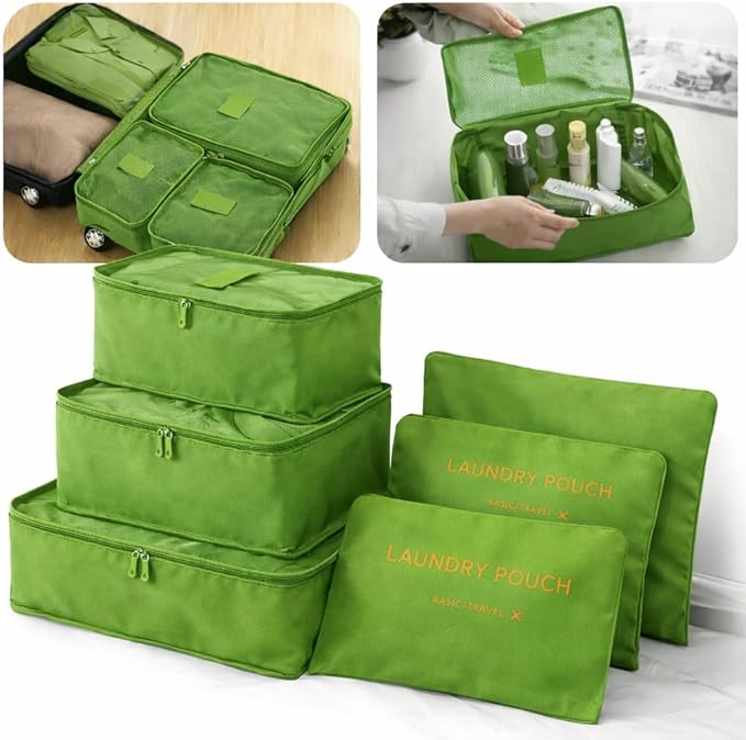 6 Set Travel Packing Cubes for Luggage – Laundry Pouch Organizer Bags, Lightweight Storage Pouches for Clothes, Shoes, and Toiletries (green)