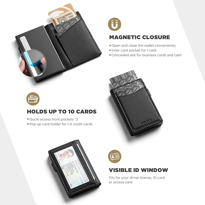 VULKIT Men's Slim Wallets Pop Up Card Holder RFID Blocking Metal Wallet Minimalist Design Holds Up to 11 Cards