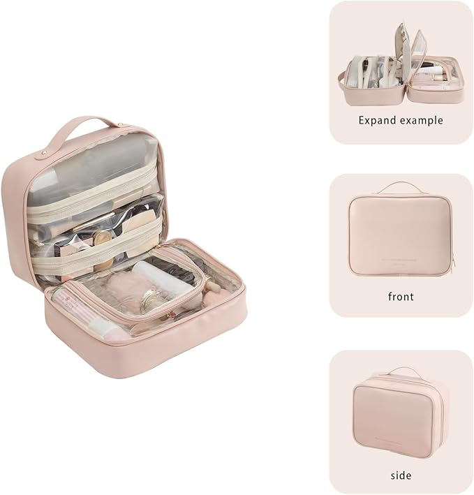 RIGHT AWAY Travel Toiletry Bag for Women, Makeup Bag& Cases, Waterproof Makeup Organizer Cosmetic Bag with Compartments,Portable Make Up Bag for Travel Size Toiletries,Skincare,Brushes Set,Pink