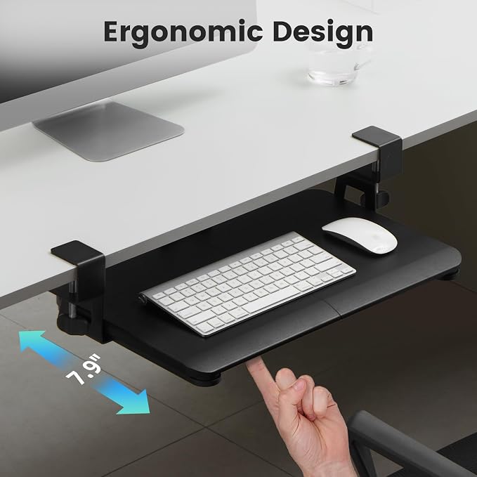 Keyboard Tray Under Desk, Slide Out Computer Keyboard & Mouse Tray with C Clamp-on Mount Easy to Install,24" W（Including Clamps） X 12"D Small Size,Black