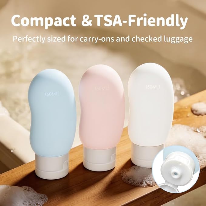 Travel Bottles 4 Pack – 2oz TSA Approved Travel Size Containers, Kidney-Shaped Ergonomic Design with Leak-Proof, Refillable Shampoo & Conditioner Bottles for Cruise & Airplane Travel