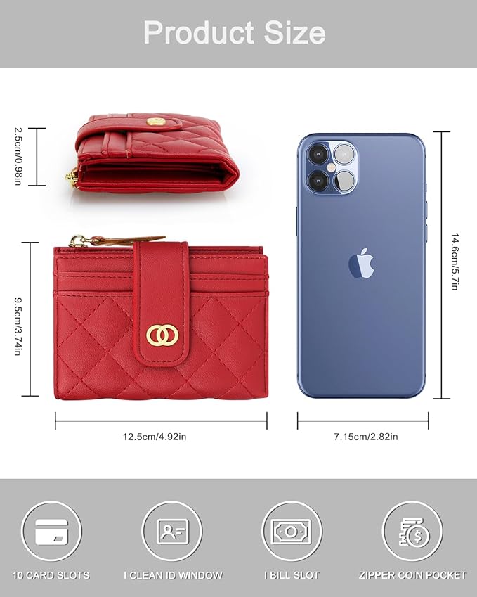 Avando Small Wallet For Women- Credit Card Holder Wallet For Women Girls- Zipper Small Bifold Wallet Mini Coin Purse With ID Window (Red)