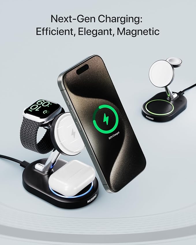 Fast Charging Station for Magsafe Apple Devices, Wireless Charger Station for MagSafe iPhones, 3 in 1 Magnetic Charger Stand for iPhone 17/16/15/14/13/12, Apple Watch & AirPods(Blk)
