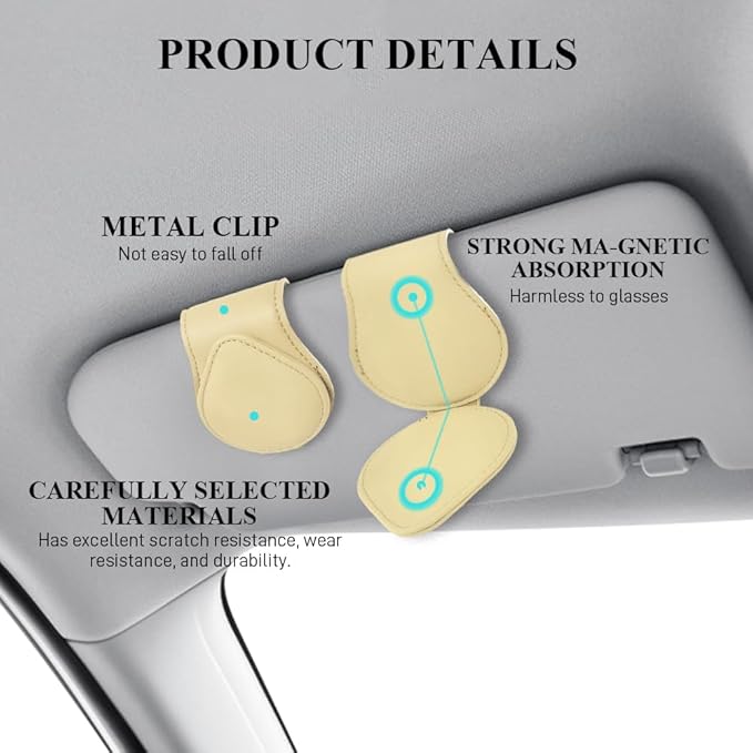Magnetic Sunglass Holder for Car Visor, Sunglasses Visor Clip, Magnetic Leather Vehicle Glasses Ticket Card Clip, Automotive Eyeglass Hanger Organizer Accessories for Most Vehicles (Beige)